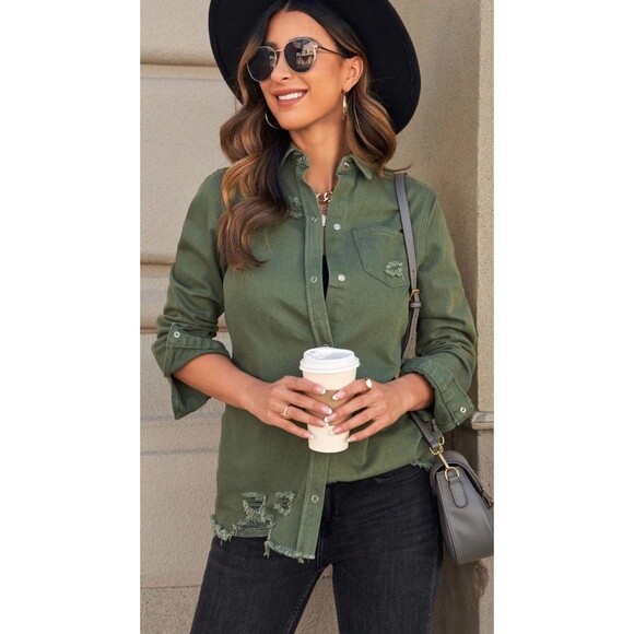 Jackets & Blazers - Womens Snap Button Front Shirt Shirt Jacket Size Small Olive Green Destroyed
